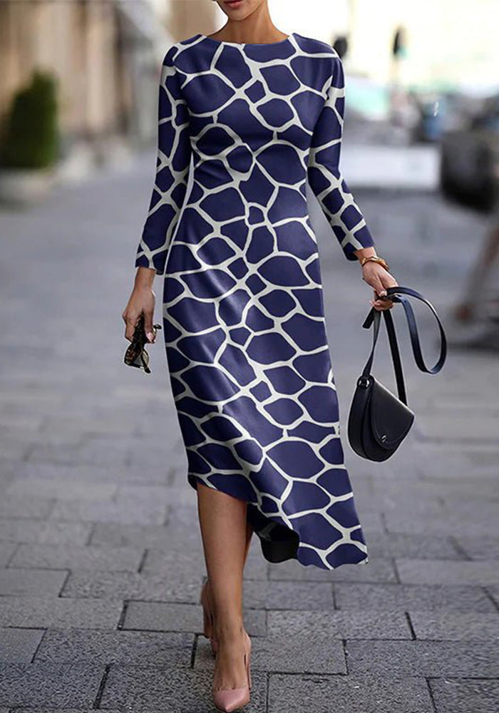 Autumn Street Trend Women's print Round Neck midi Dress