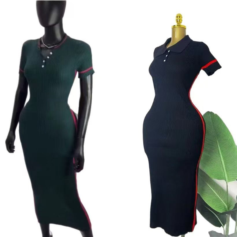 Women's Fashion Turndown Collar V-Neck Short Sleeve Knit Midi Dress 7