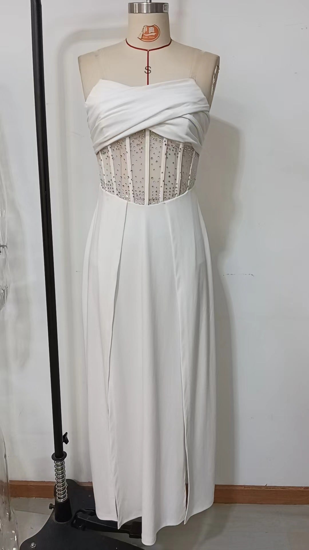 Women Backless Cross Strapless Rhinestone High Slit Sexy Dress 7