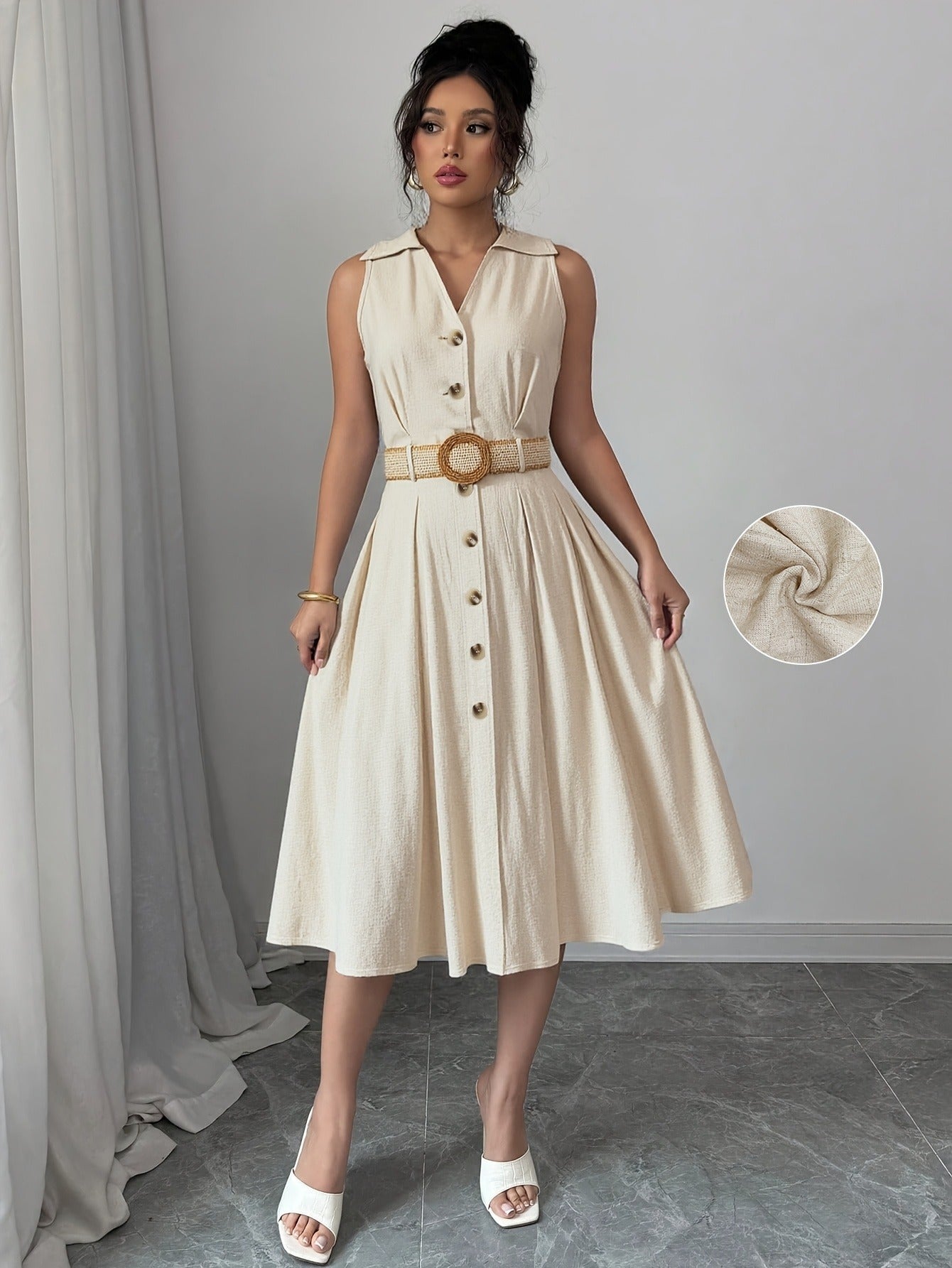 Women V-neck Sleeveless Belt Shirt Dress 6