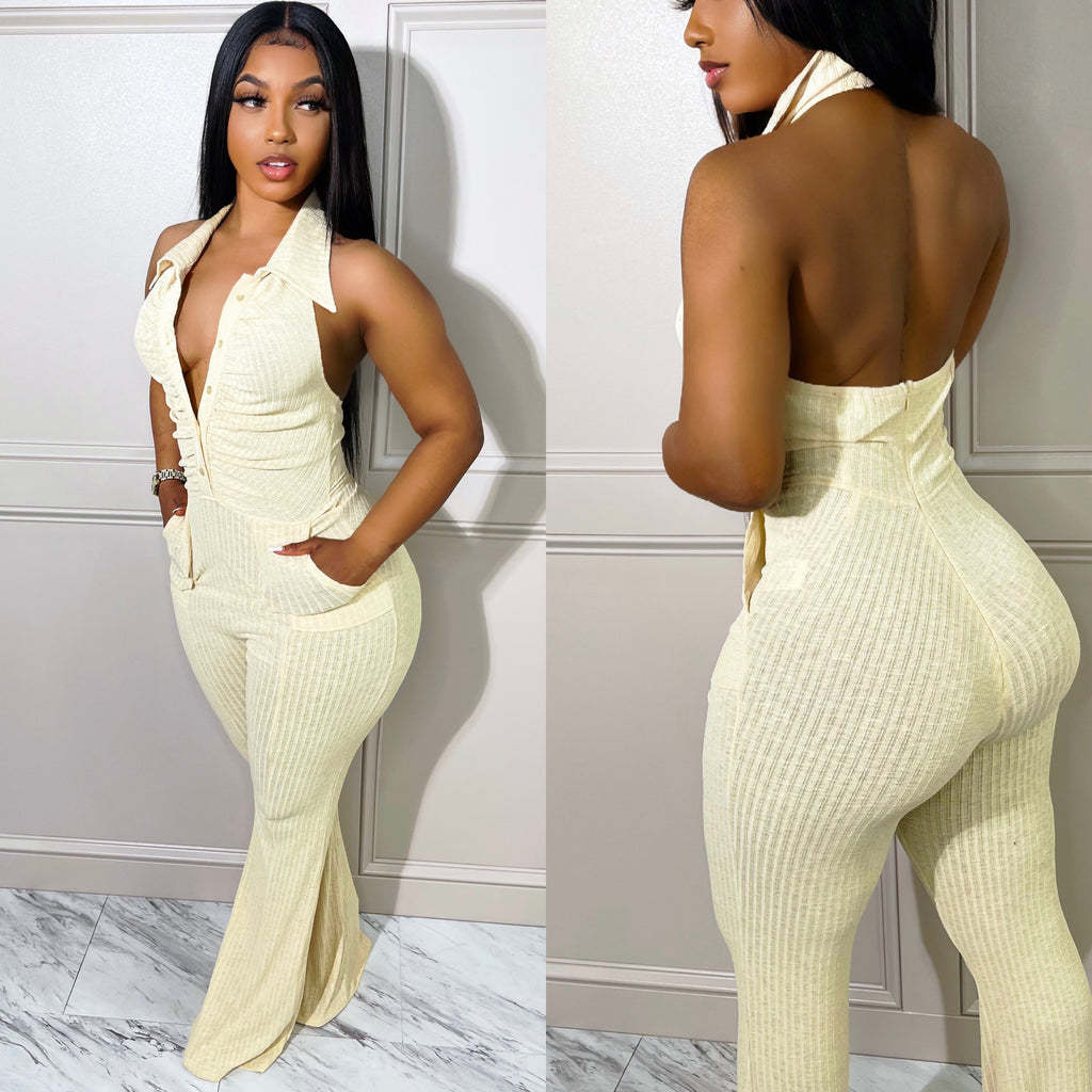 Women's Solid Color Sexy Low Back Halter Neck Turndown Collar Jumpsuit 3