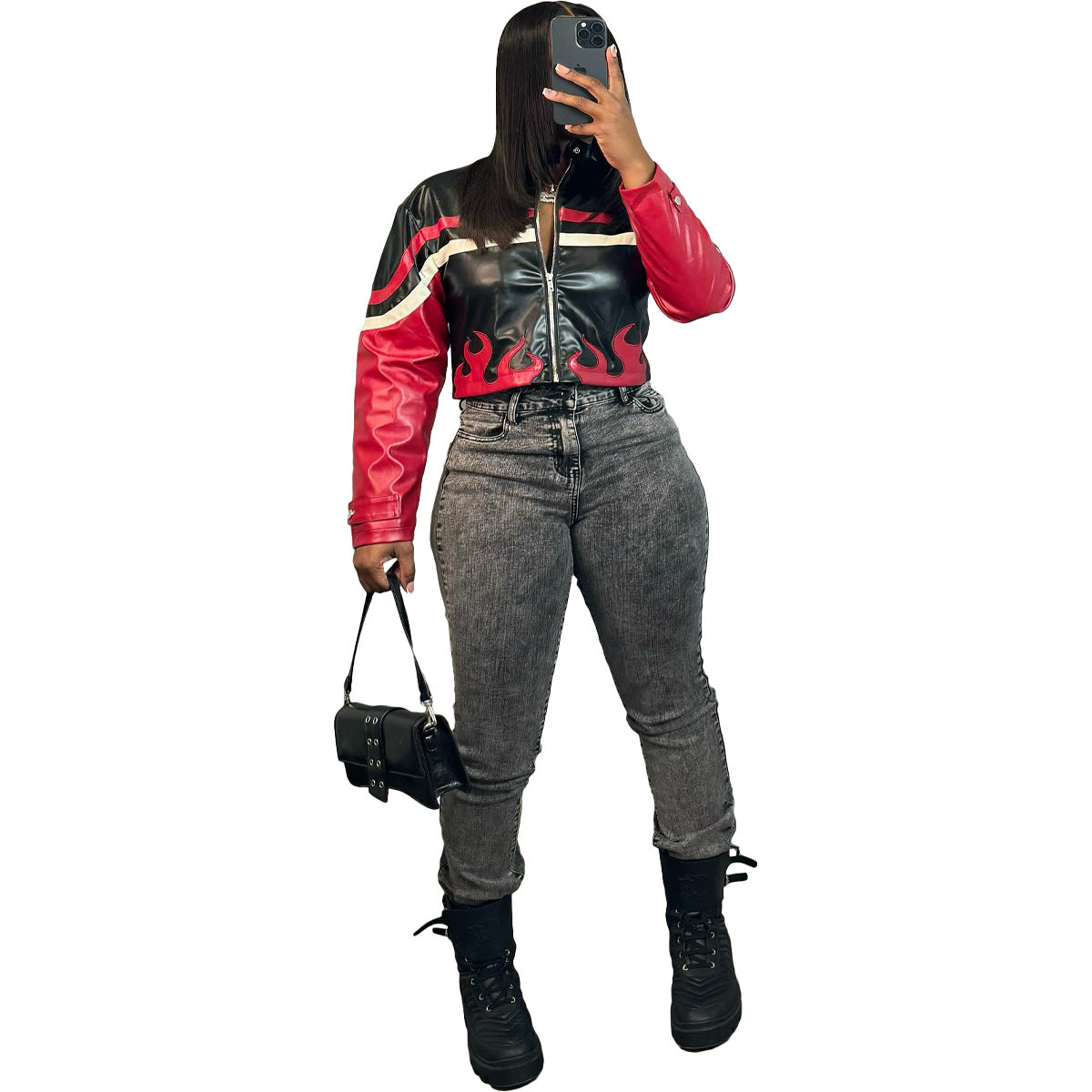 Women's Embroidered Flame Patchwork Leather Jacket 17