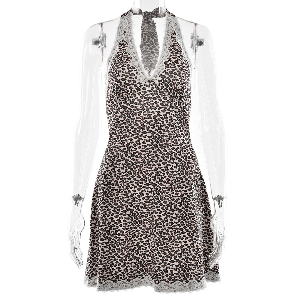 Spring Summer Leopard Print Low Back Lace Patchwork Halter Dress 6