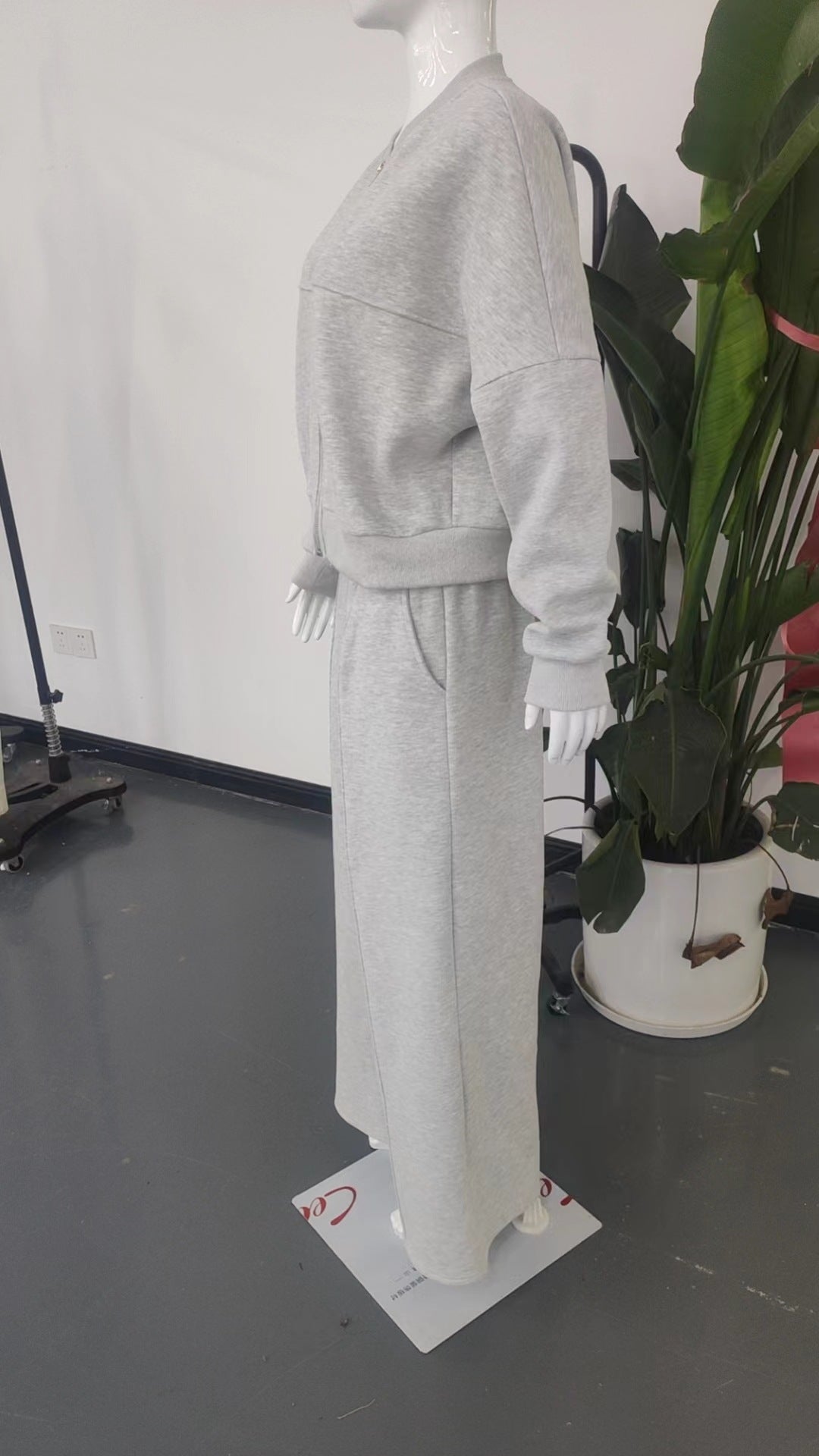 Spring autumn two-piece trendy solid color zipper long sleeve loose top elastic sweatpants two-piece set 16