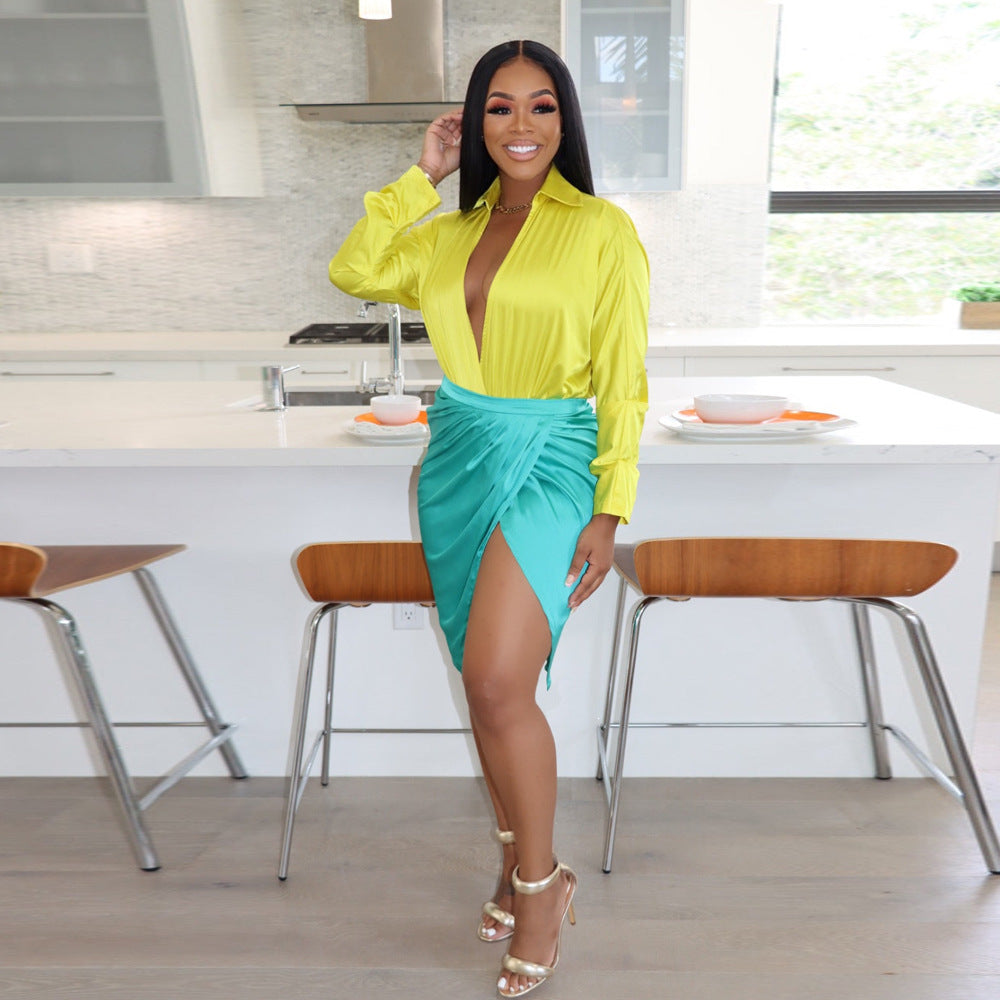 Women Sexy Slim V-Neck Long Sleeve Top + Split Dress Two-piece Set 11