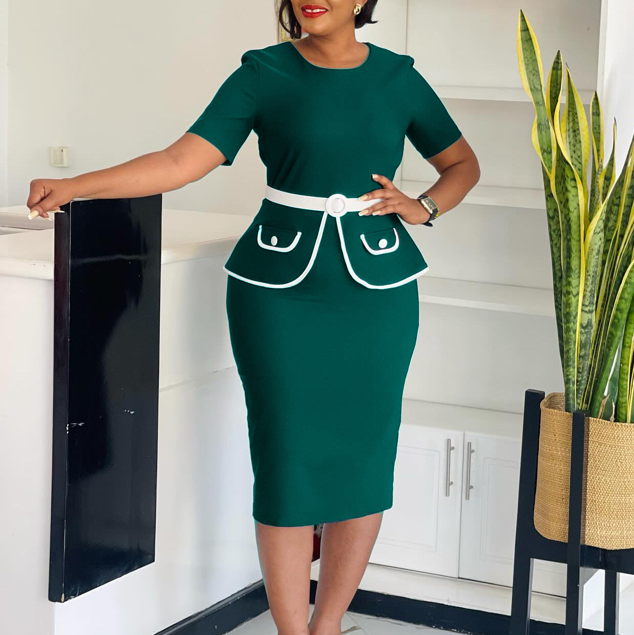 Women's Fashion Elegant Bodycon Short Sleeve OL Office African Plus Size Dress