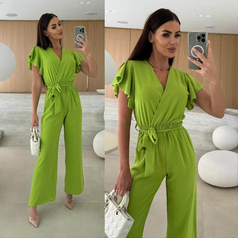 Women V-Neck Ruffle Sleeve Lace-Up Casual Wide Leg Jumpsuit 9