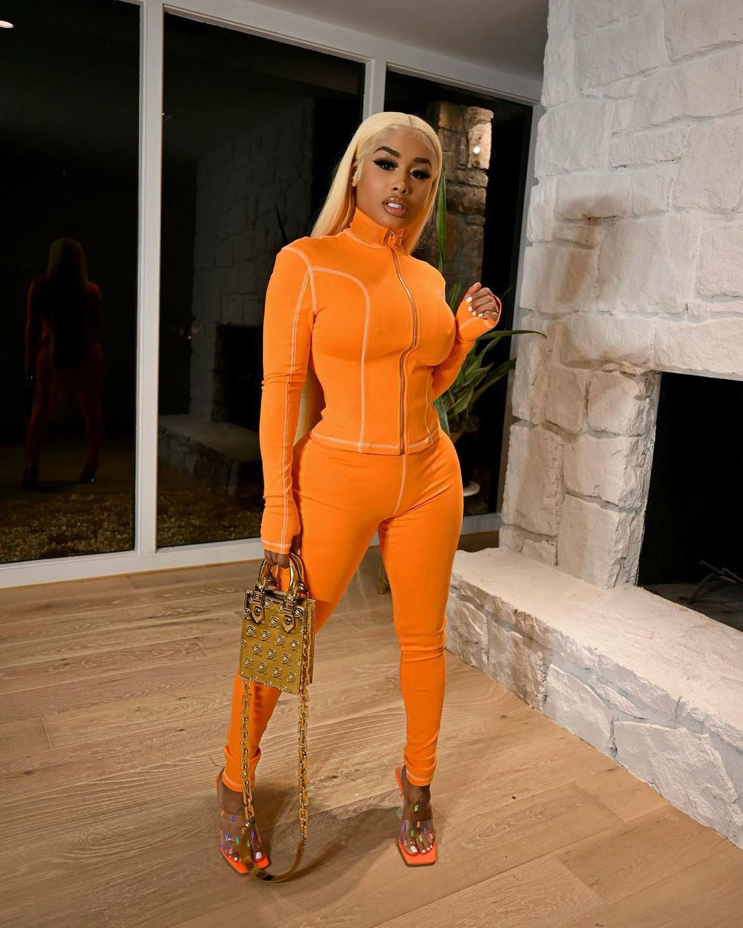 Women's Casual Long Sleeve Tight Slim Sport Two Piece Pants Set 5