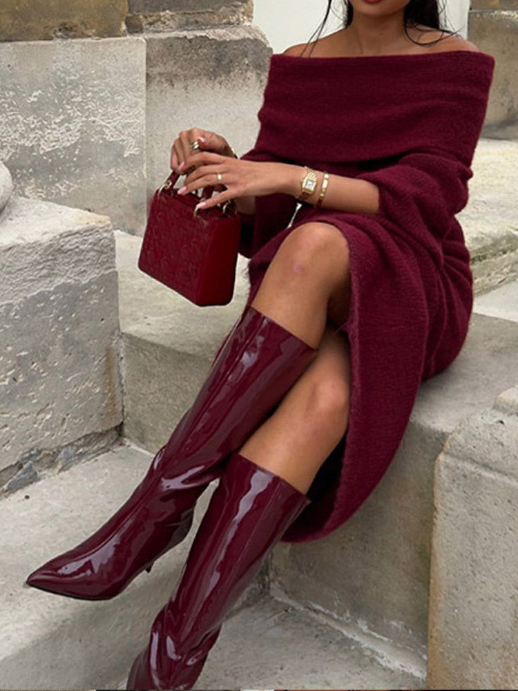 Burgunry Off-Shoulder Slim Long-Sleeved Knitting Long Dress 4