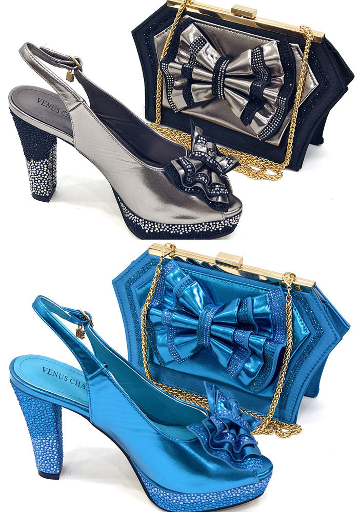 Shoe And Bag Set Combination Peep-Toe Back-Slot High Heels With Bowknot Bag