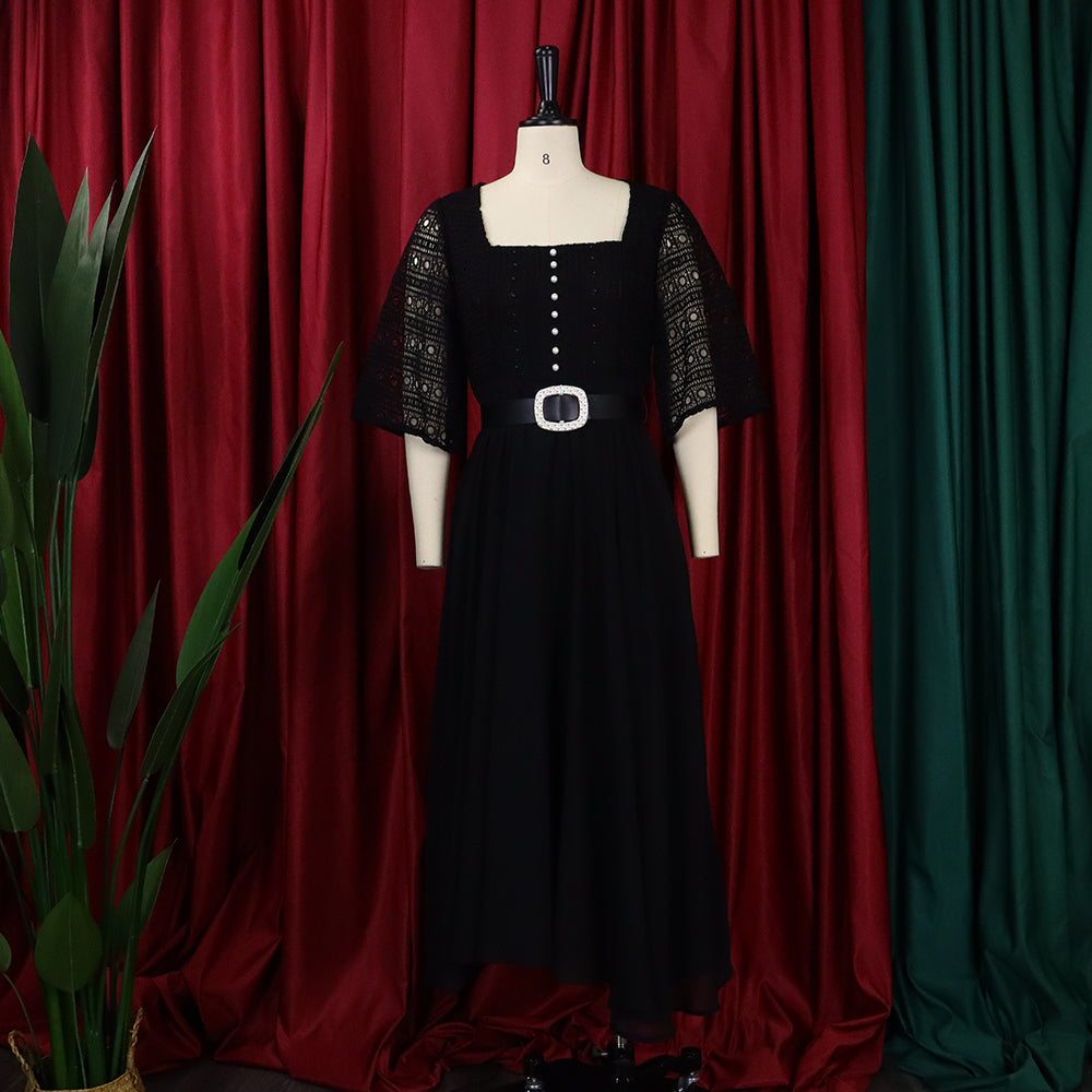 African Women Short Sleeve Square Neck With Belt Chiffon Beaded Dress 13