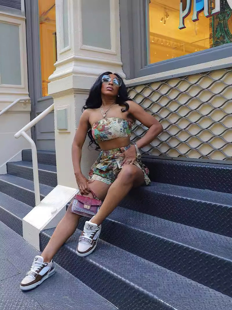 Street retro floral French court Women strapless top tassel suspender shorts two-piece set 3