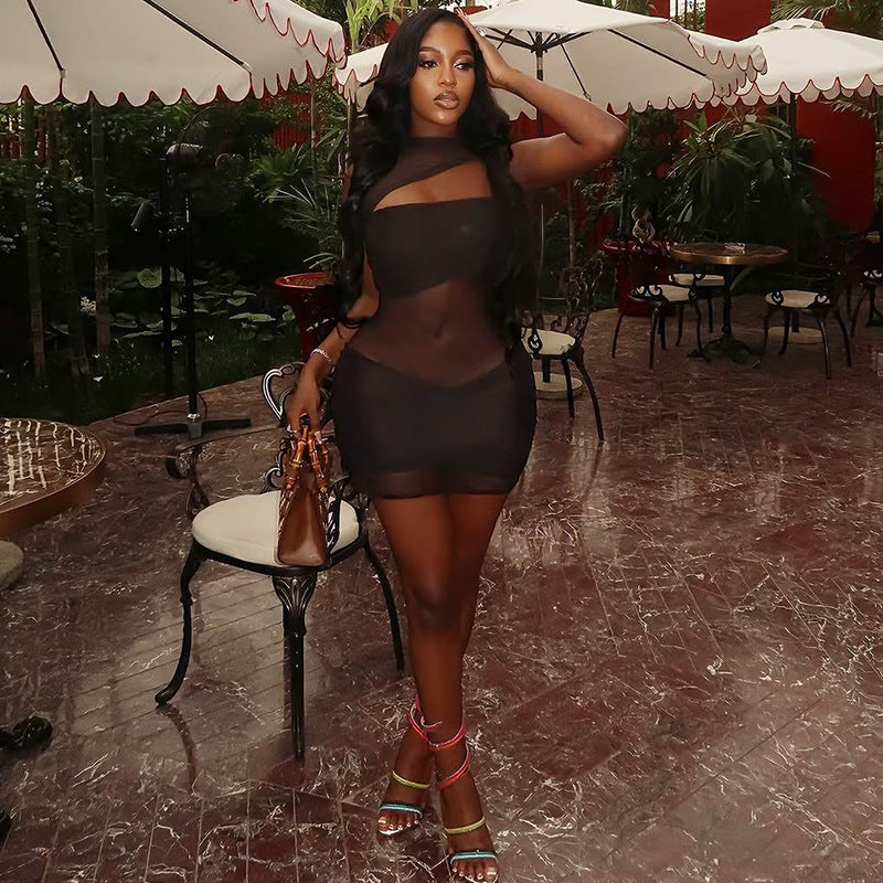 Women Sexy See-Through Bodycon Hollow High-Neck Solid Dress