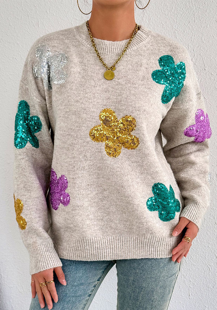 Women autumn/winter multi-color flower sequin embroidery round-neck long-sleeved sweater