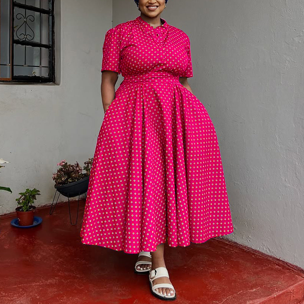 Summer Plus Size Women's Short Sleeved V neck Bohemian Polk Dot Print Long Dress 5