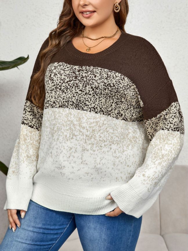 Plus Size Women Color Block Round Neck Long Sleeve Top