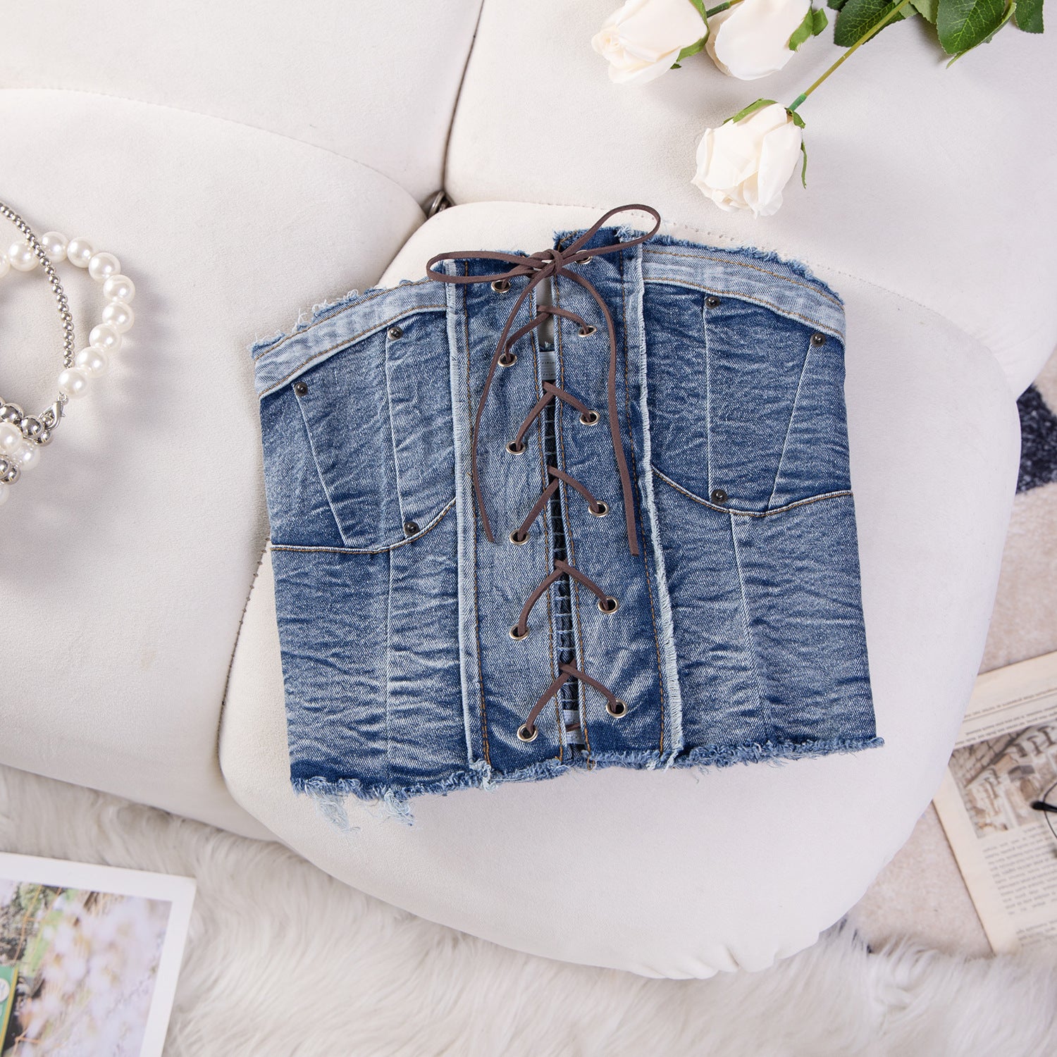 Women Sexy Off Shoulder Elastic Denim Crop Strapless Top 11