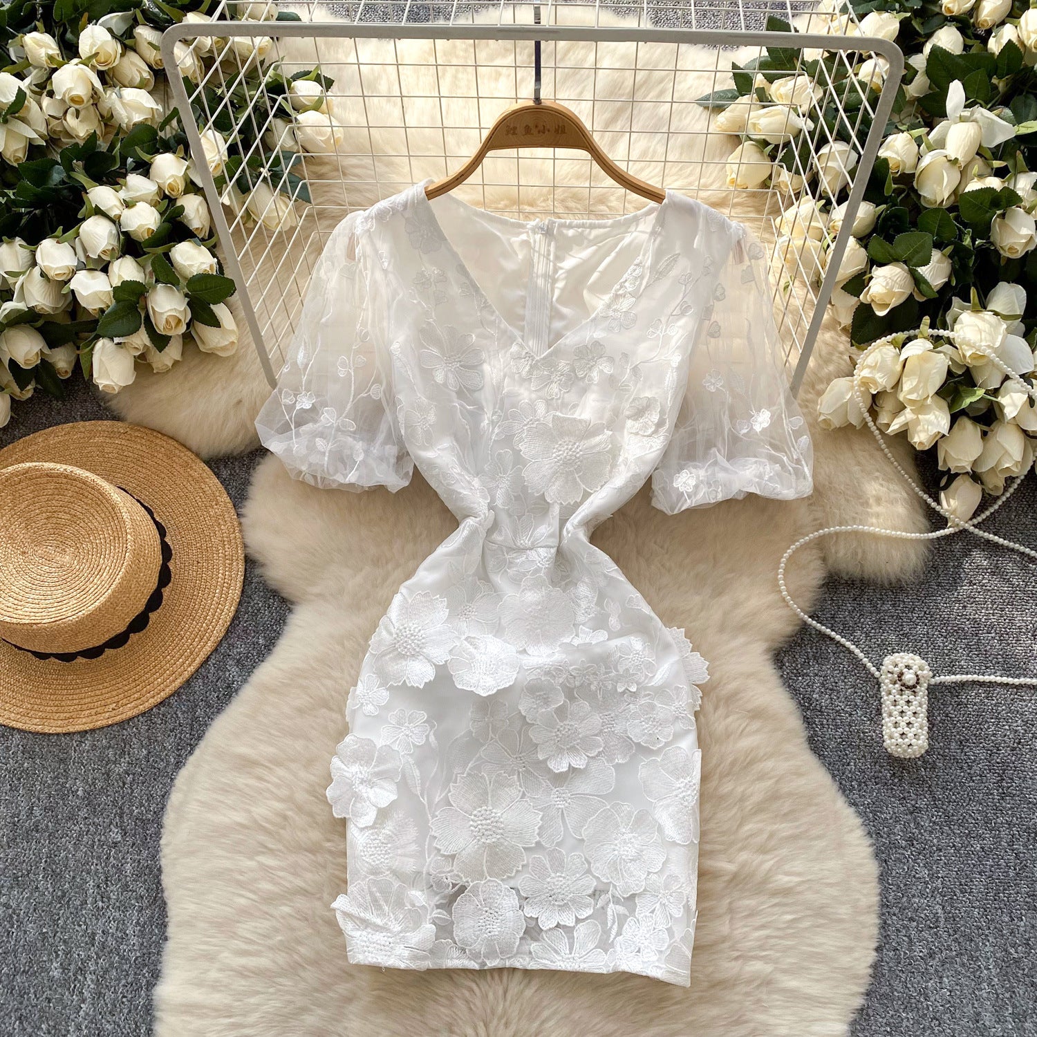 Women's  Luxury Embroidery Mesh Puff Sleeve Slim Waist Short Chic Dress 4