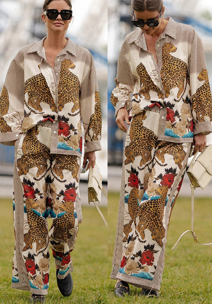 Autumn Winter Long Sleeve Casual Holidays Two-Piece Loose Print Shirt Pants Set