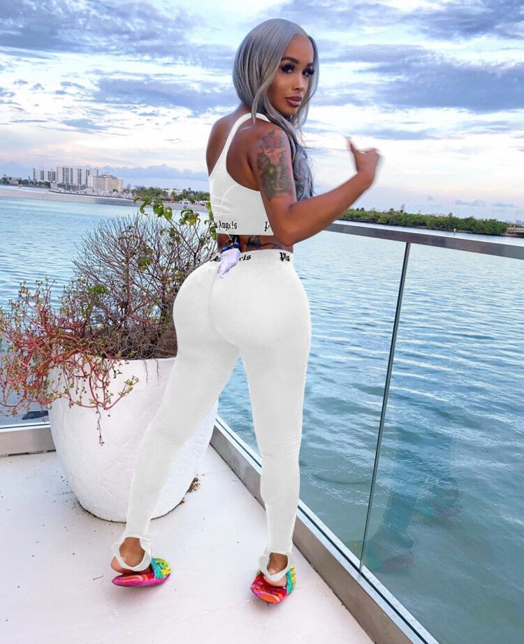 Women's Solid Color Fashion Letter Print Casual Tight Sports Two Piece Pants Set 14