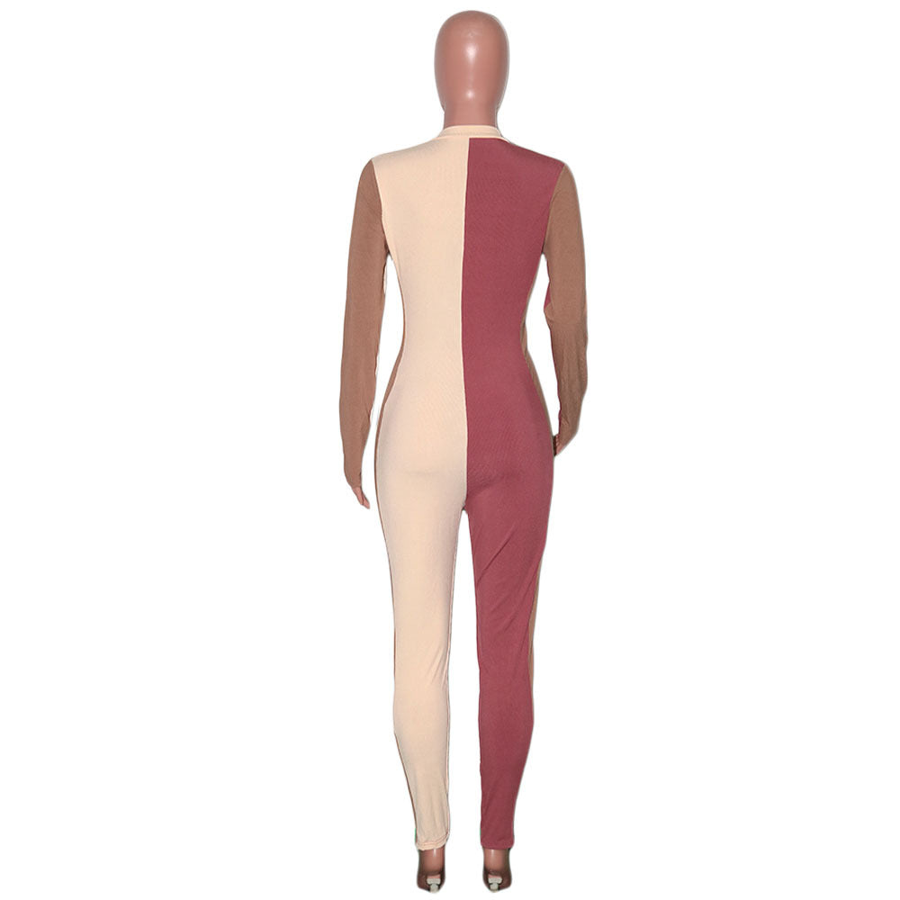 Women Sexy Contrast Color Zipper Patchwork Jumpsuit 11
