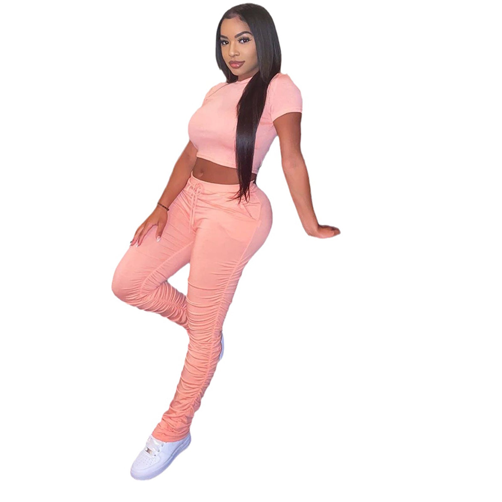 Women's Solid Color Short-Sleeved Sports Suit Two-Piece Pants Set