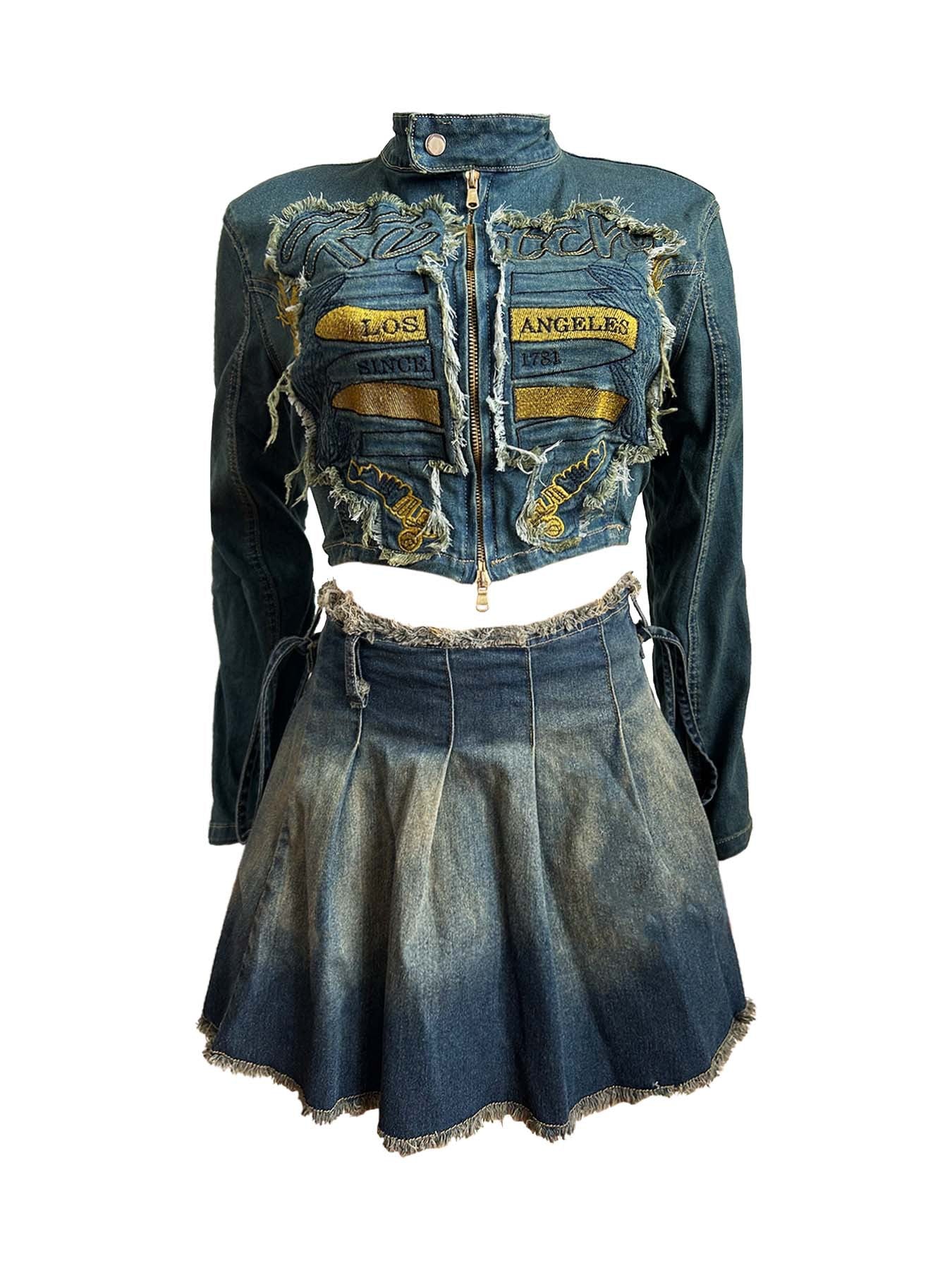 Women 's Embroidered Denim Top Pleated Skirt Two Piece Set 12