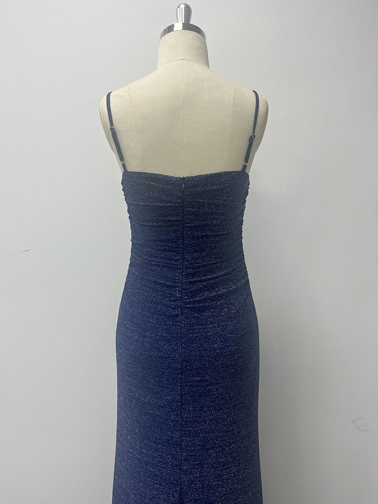 Women elegant suspender v-neck pleated shiny bright fishtail evening dress 12