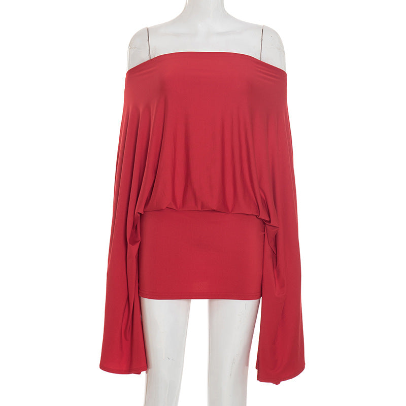 Women Off-Shoulder Bell Bottom Long-Sleeved Top and Skirt Two-Piece Set 32