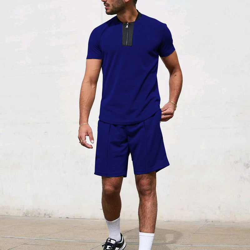 Men Casual Zip Short Sleeve Shorts Athletic Two-Piece Set 8