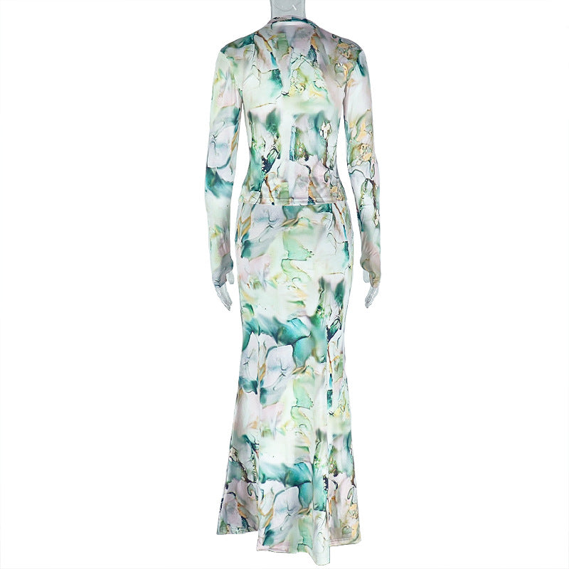 Women Casual Printed Turtleneck Top and Pleated Long Skirt Two-piece Set 6