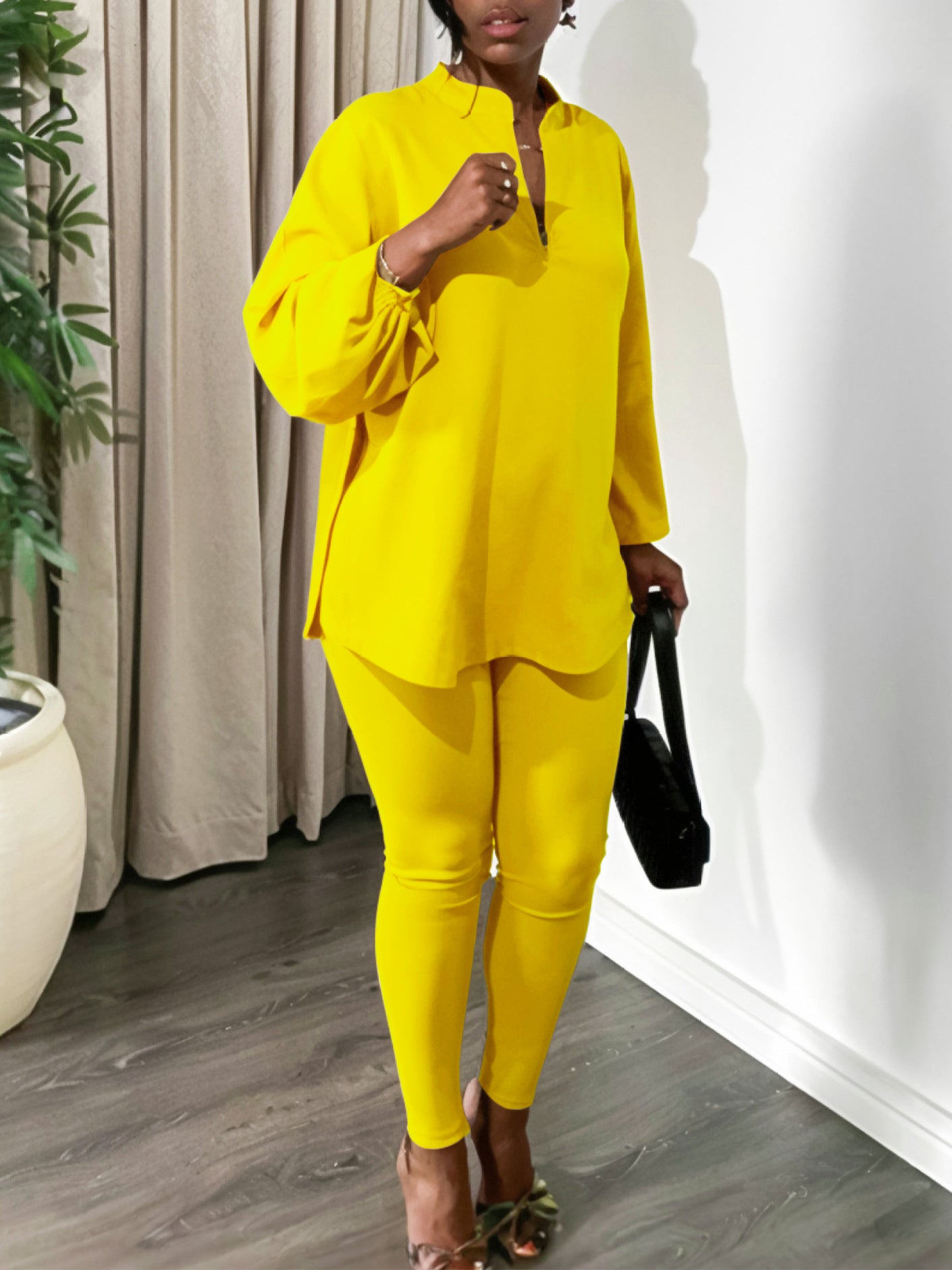 Women's Fall Winter Fashion Solid Color Plus Size V Neck Long Sleeve Top Pants African Suit 7