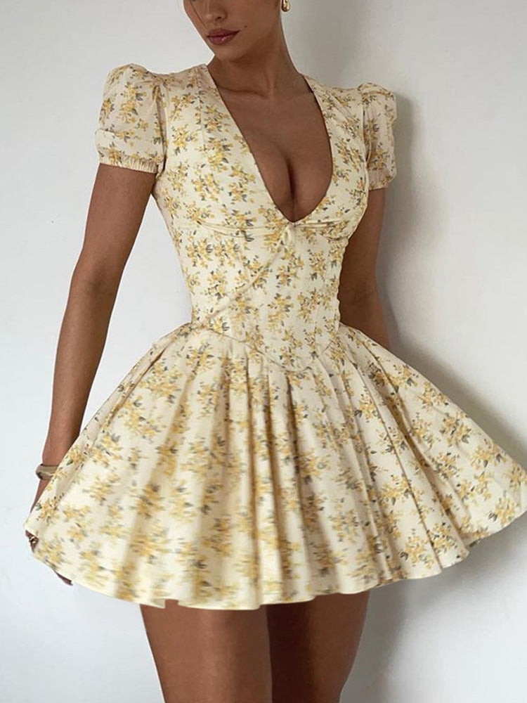 Women French Floral Sexy Chic V-neck Puff Sleeve Pleated Skirt 4