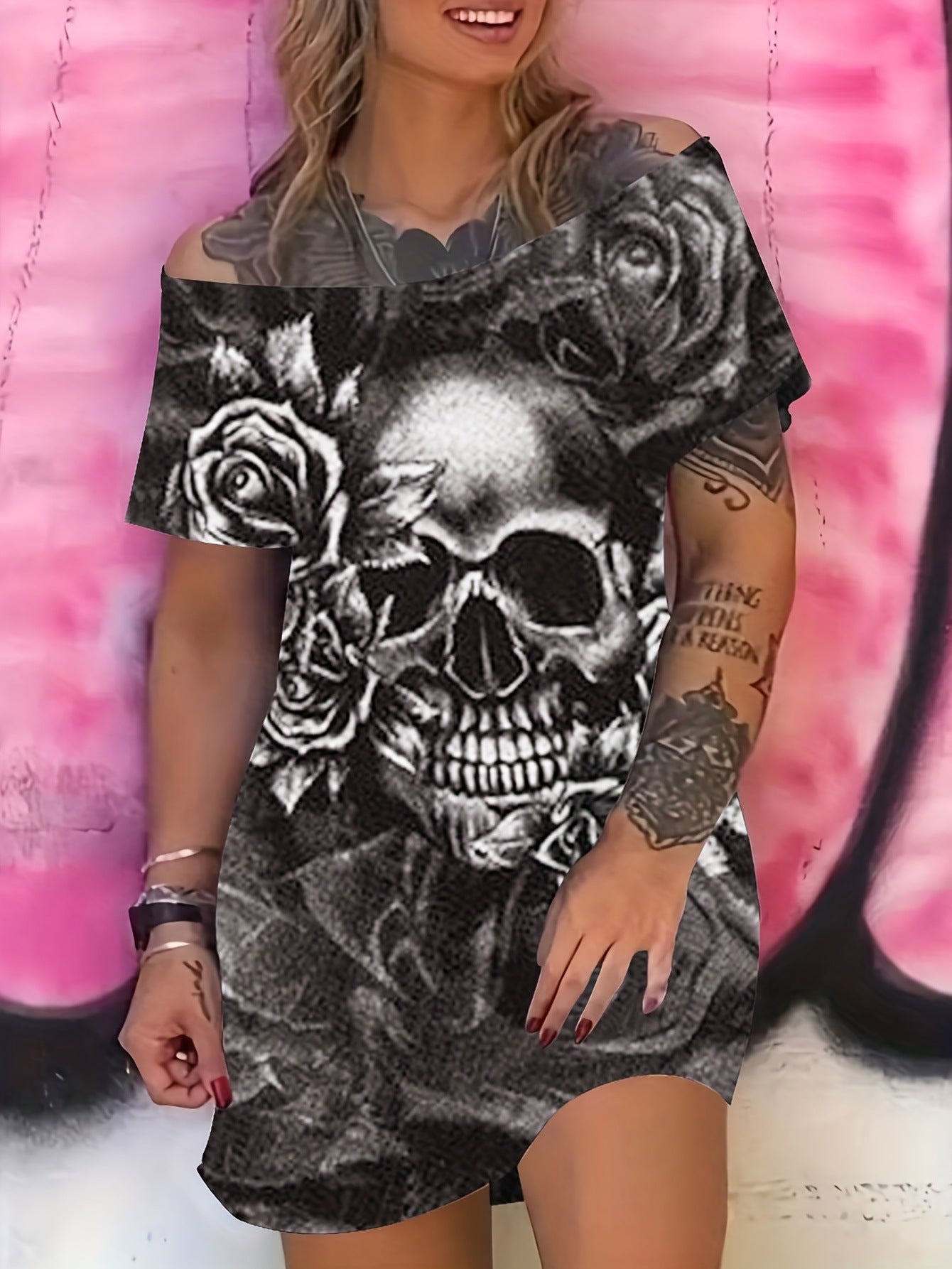 Women Sexy Slash Shoulder Skull Print Short Sleeve Dress 7