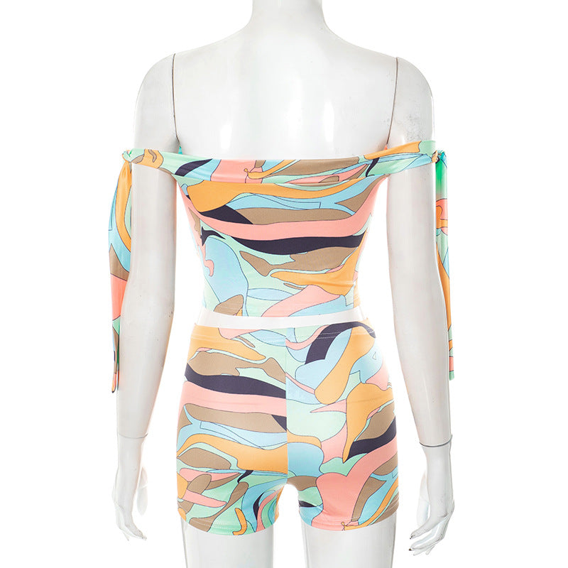 Women Spring and Summer Multi-Color Printed Off Shoulder Lace-Up Crop Top and ShortsTwo Piece Set 12