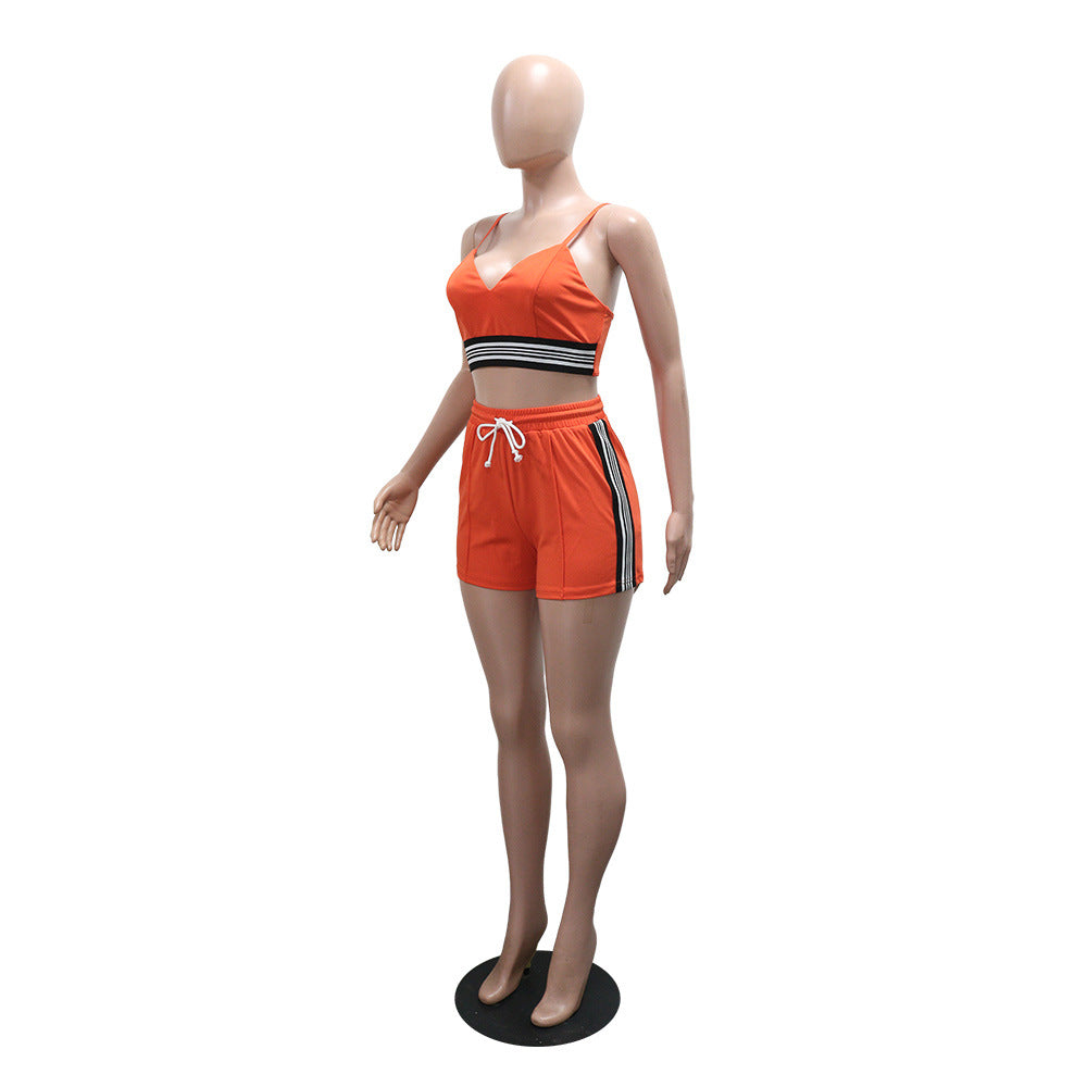 Women Sports Casual Sexy Suspender Top and Shorts Two-Piece Set 9