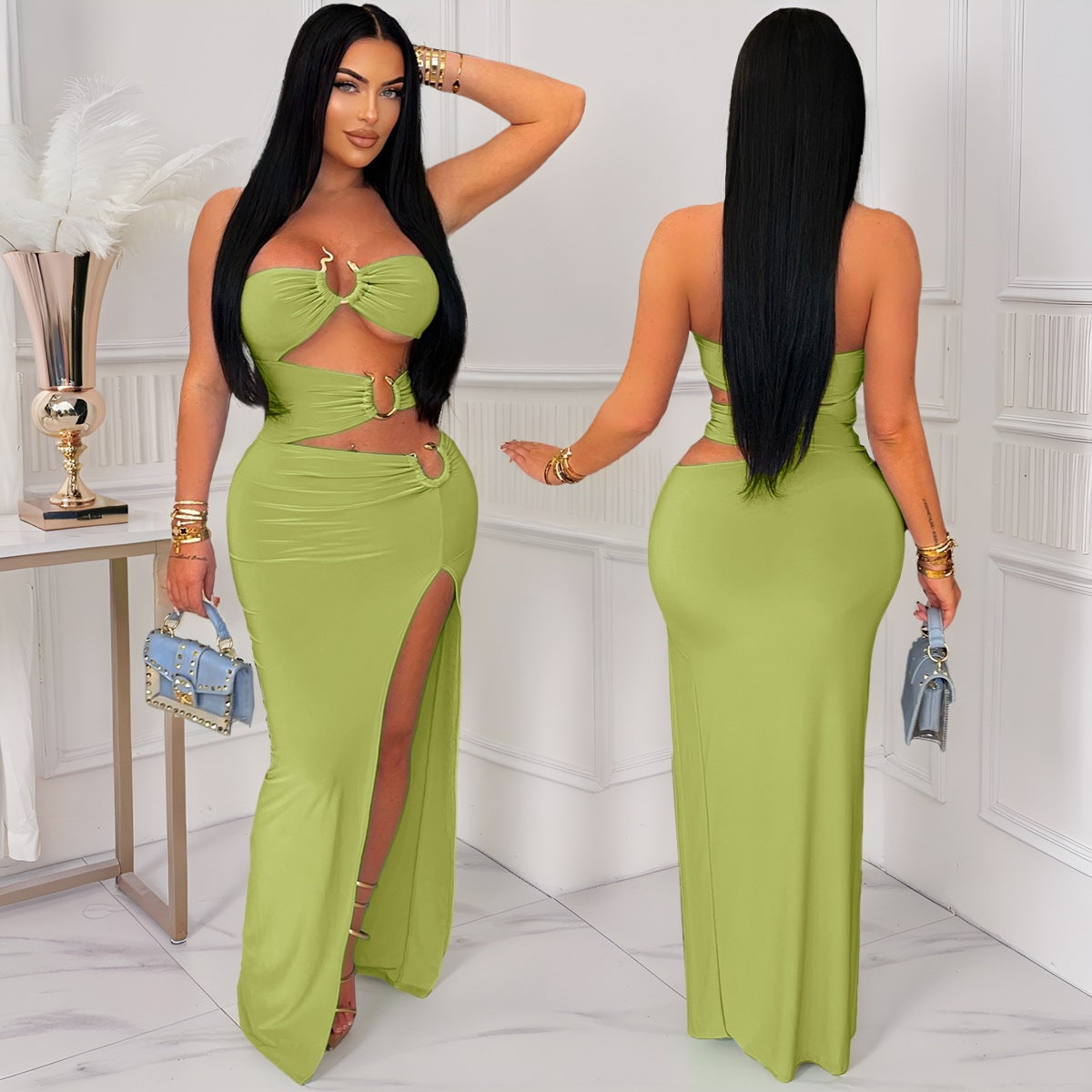 Women Sexy Cutout Metallic Patchwork Slit Bodycon Maxi Dress 7