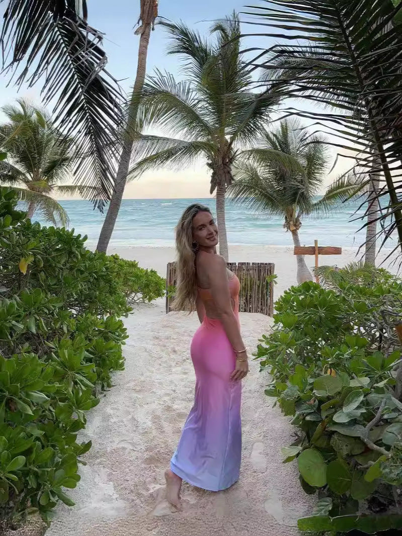 Women Summer Casual Sexy Ombre Print Strapless Long Dress 5