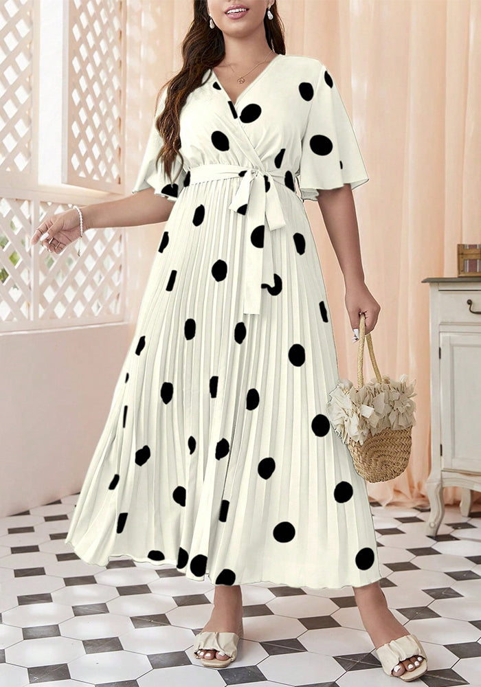 Plus Size Women Polka Dot Printed Pleated Dress