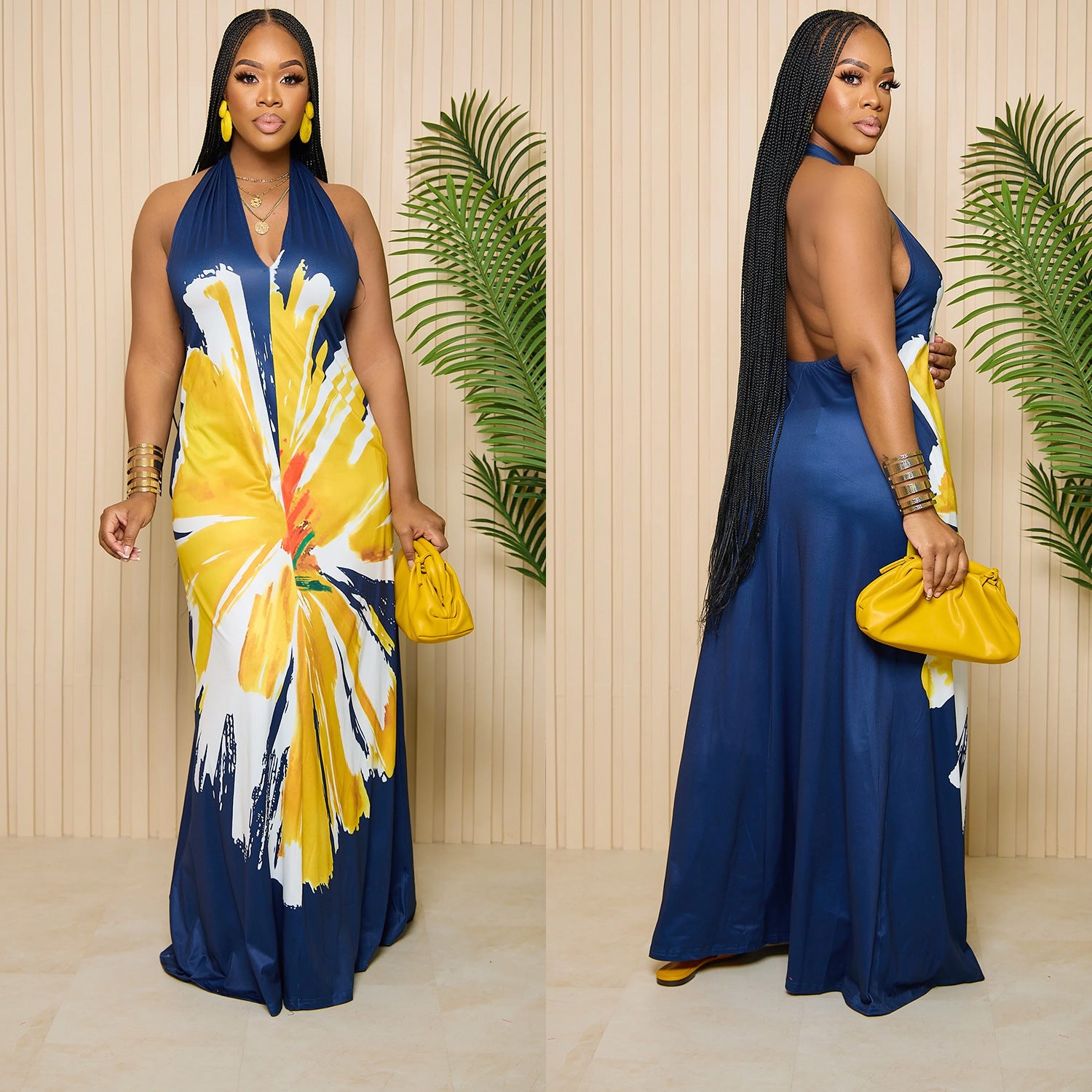 Women's Fashion Low Back Halter Neck Gown Print Maxi Dress