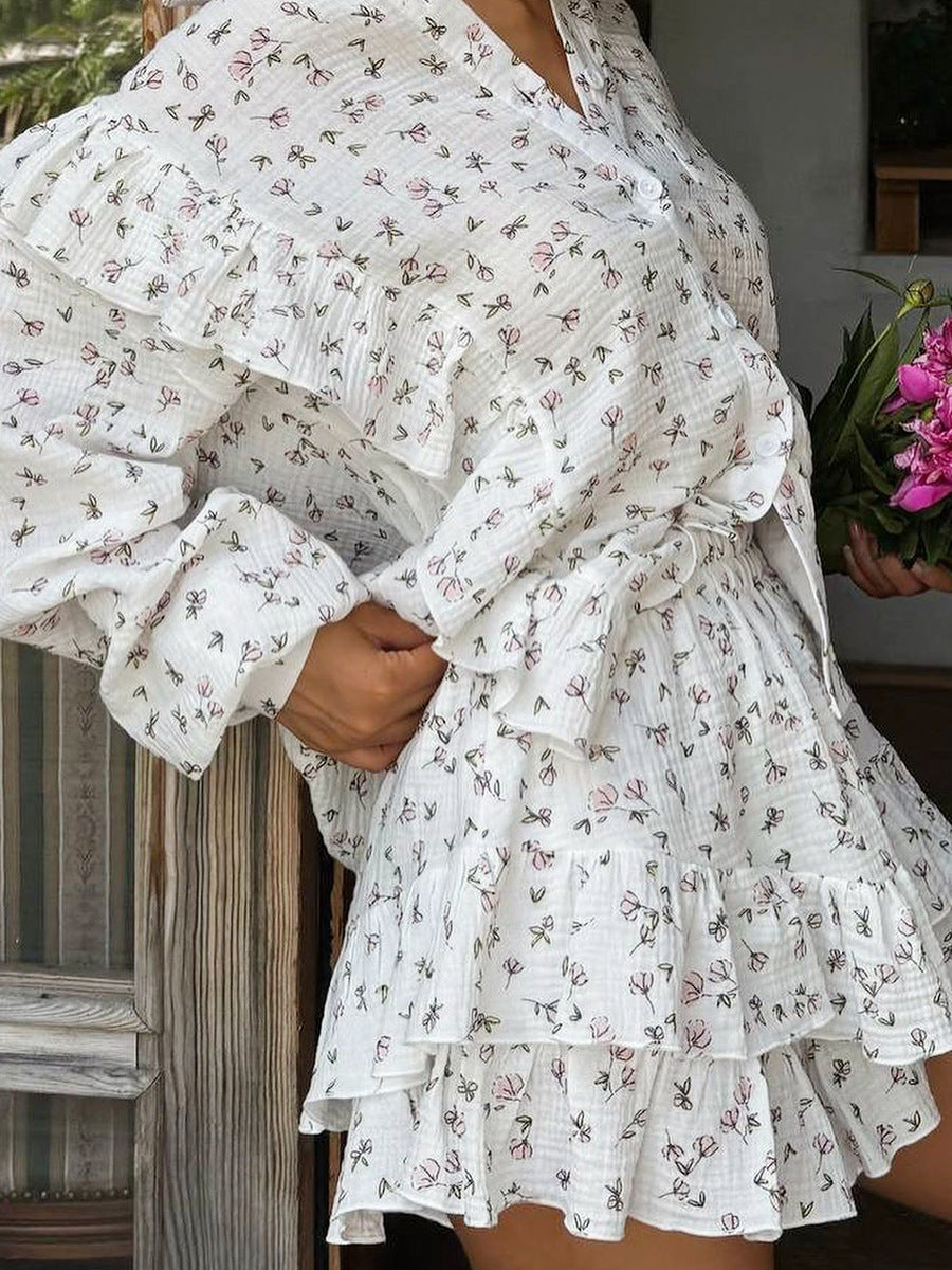 Women's Spring Ruffle Loose Shirt Cardigan Shorts Two-Piece Set 4