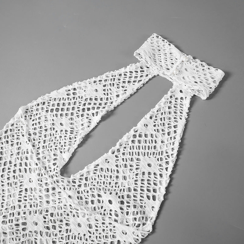 Women Summer Solid Sexy Round Neck Mesh Sleeveless See-Through Lace-Up Dress 16