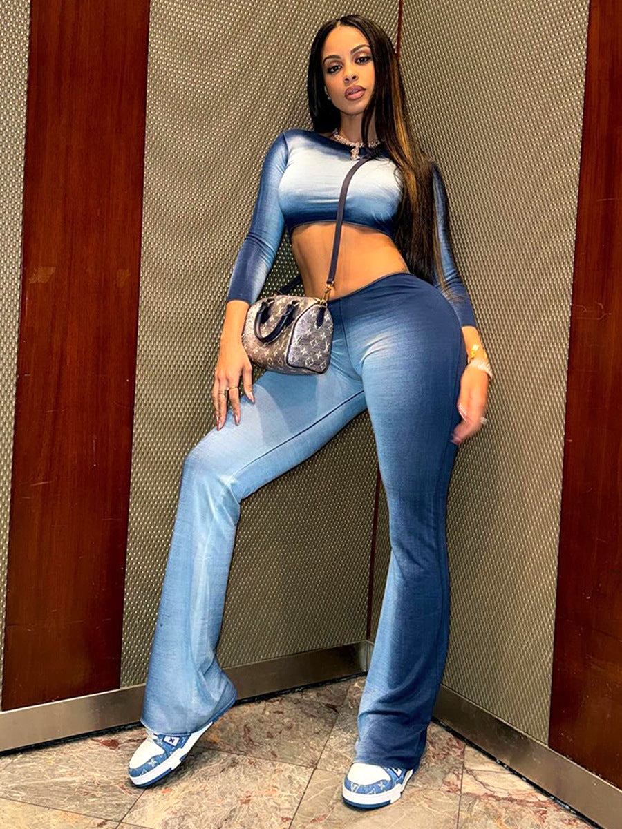 Women's Autumn Gradient Color Three Quarter Sleeve Crop Top High Waist Trousers Casual Two Piece Set