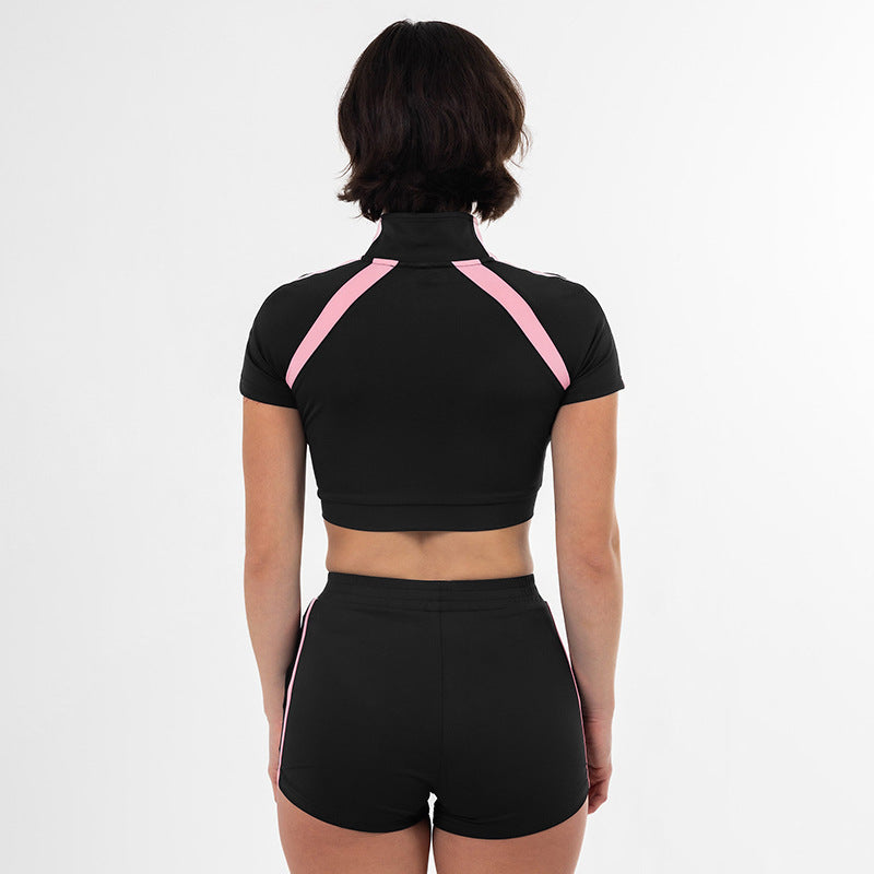 Women spring and summer Turndown Collar Zipper contrast color Top and sports shorts two-piece set 9