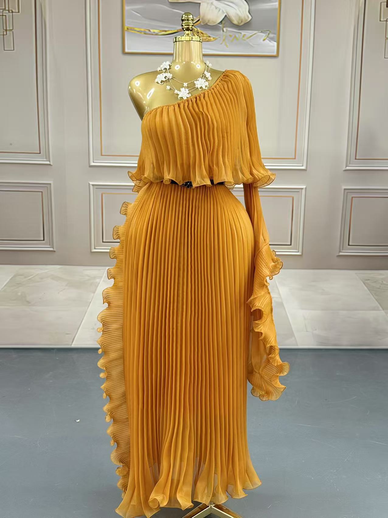 Plus Size Women African Elegant Long Sleeve Pleated Dress 4