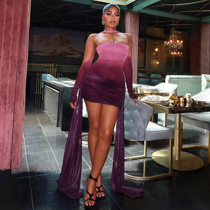 Women Ombre Strapless Off-Shoulder Lace-Up Long-Sleeved Bodycon Dress 3