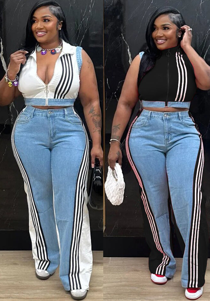 Women casual webbing patchwork top and denim wide-leg pants two-piece set