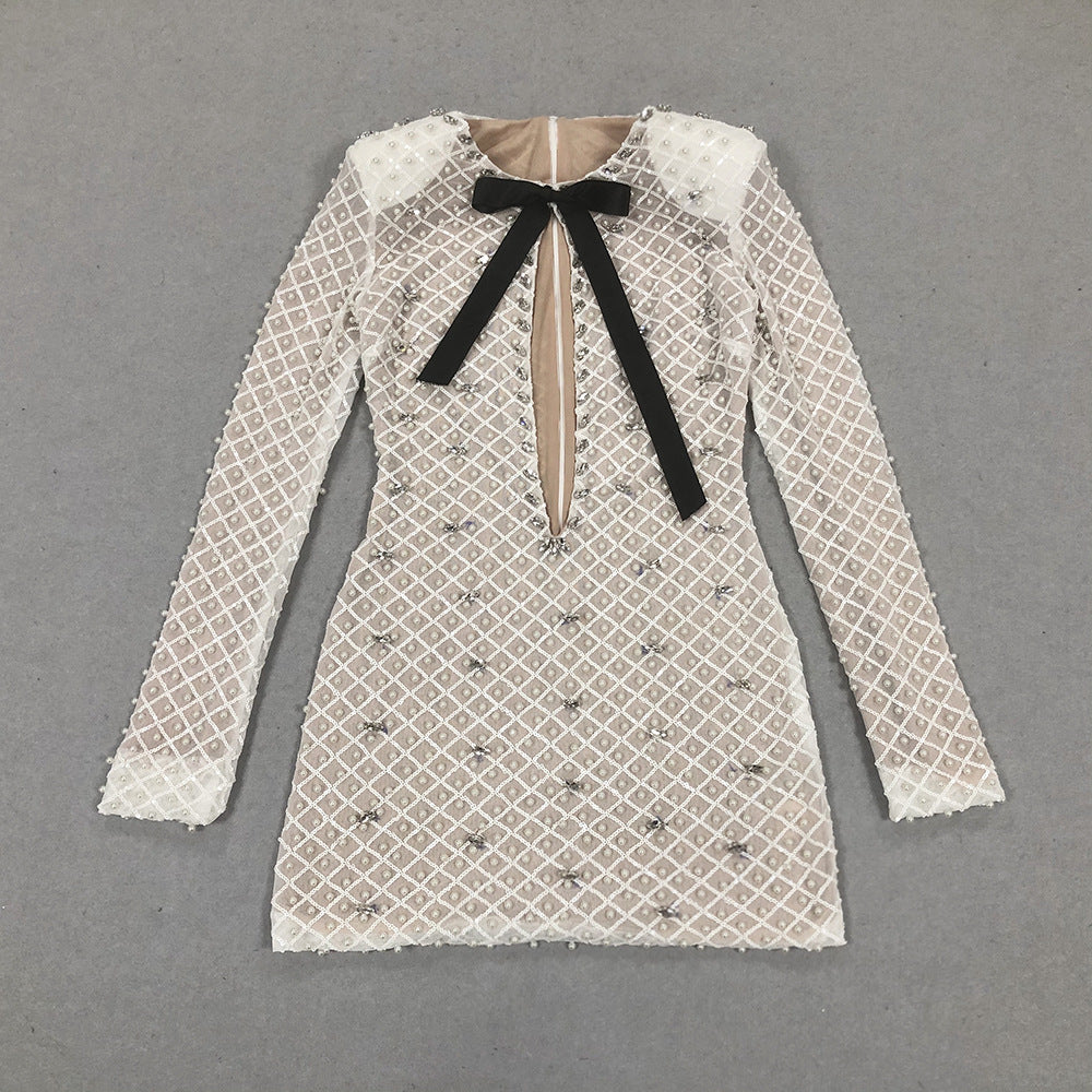 Women long-sleeved beaded rhinestone V Neck party bandage dress 8