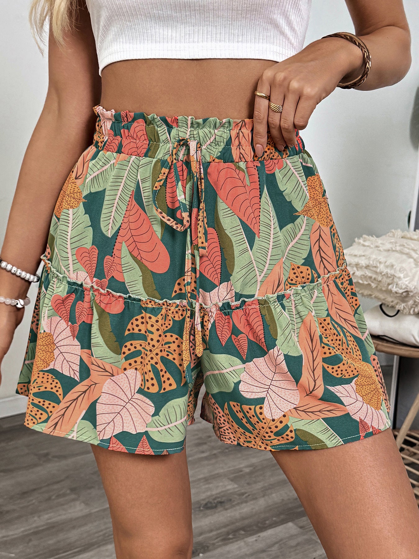 Tropical plants Holidays print summer elastic wide-leg shorts women 3