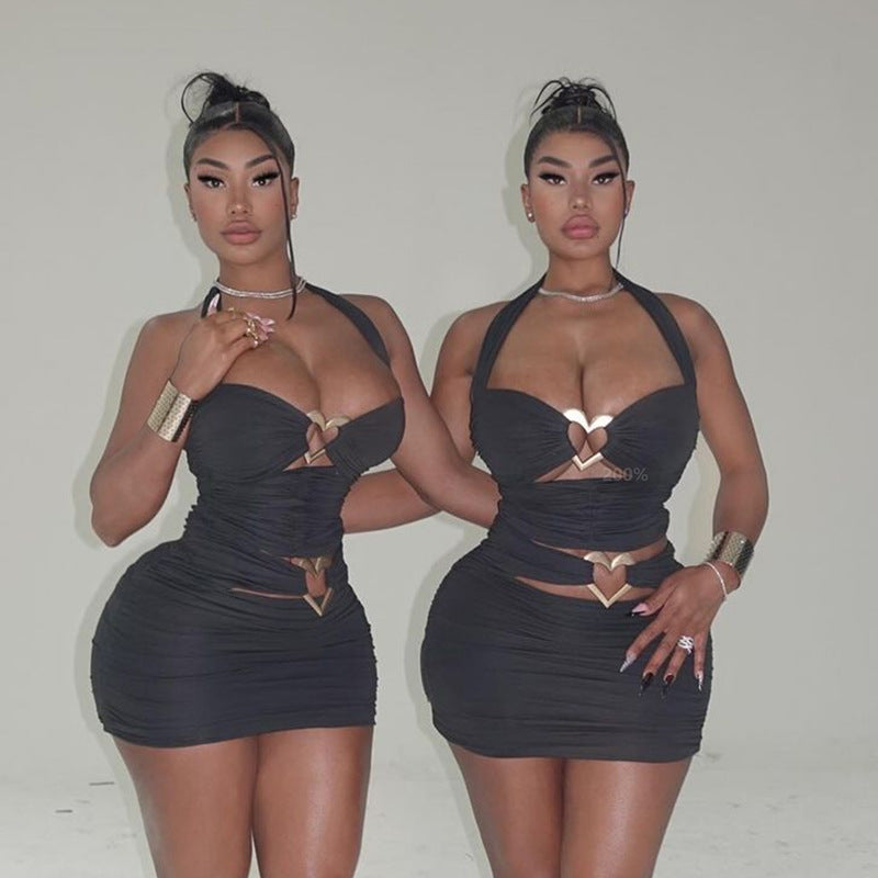 Women sexy Halter Neck Heart Print Metal button hollow sexy dress